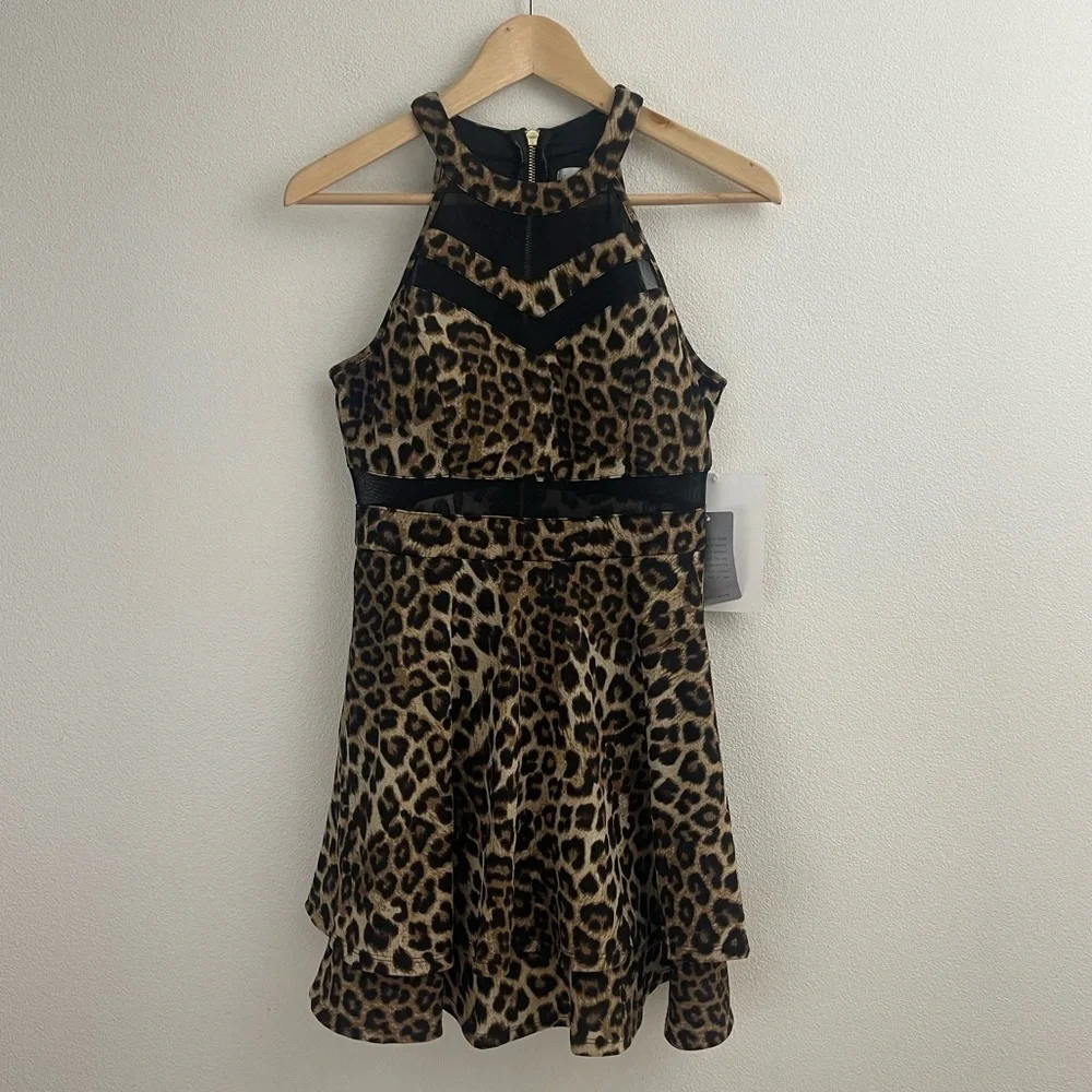 NORDSTROM LEOPARD PRINT BLACK MESH DETAIL FITTED STRECH A-LINE MINI DRESS - Picture 10 of 10